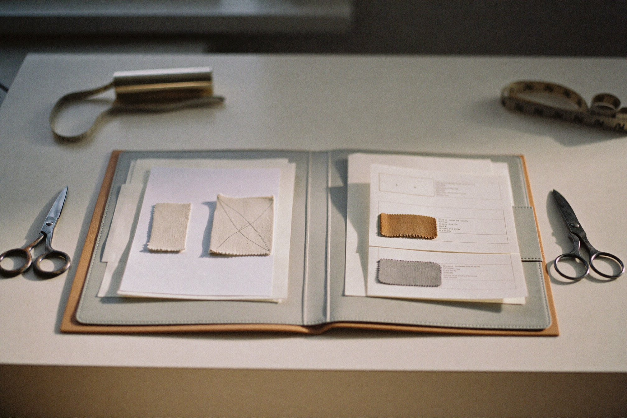 Arbeitstisch mit offenem Moodboard-Ordner, Stoffmustern, Schneiderschere und Massband im Tageslicht.